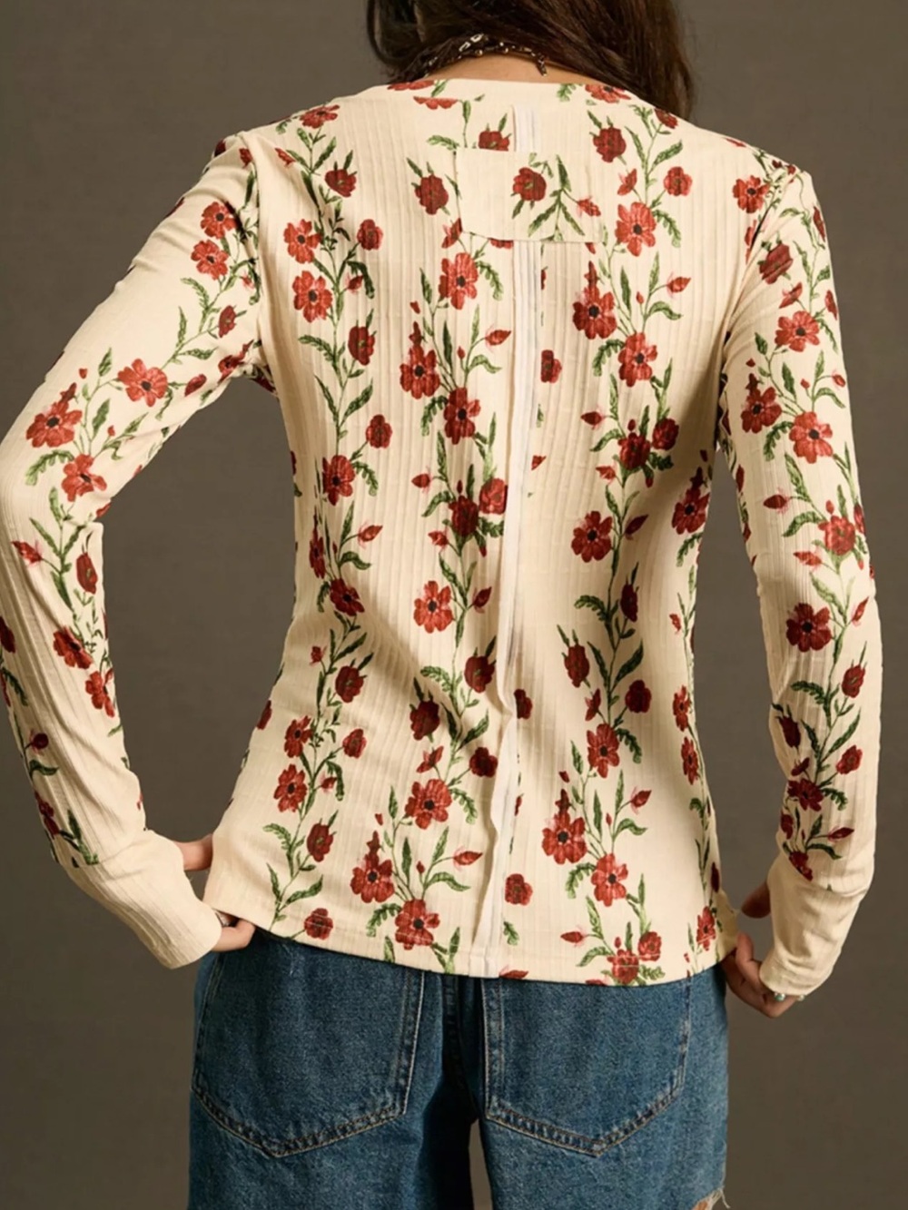 Floral Long-Sleeve Ribbed Top - Cream with Red Floral - Picture 3 of 9